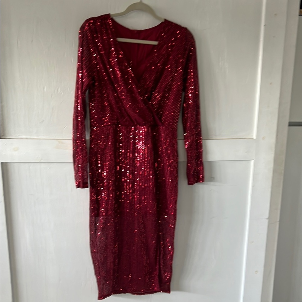 Red Sequin Wrap Dress Long Sleeve V-neck